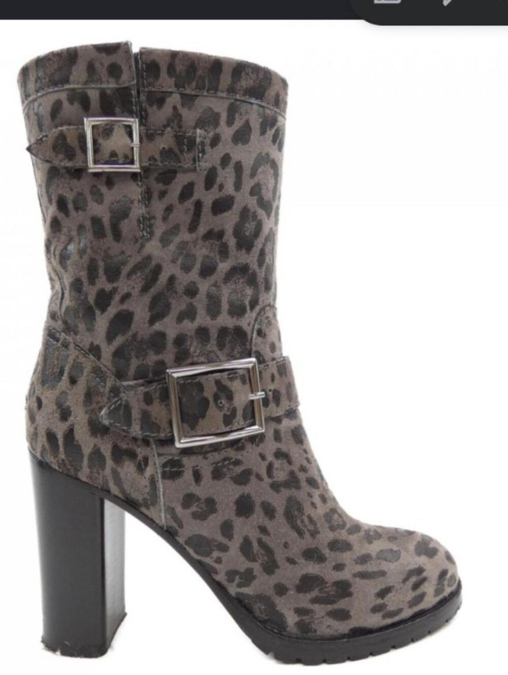 Jimmy Choo Gray Leopard-Print Mid-Calf Heeled Boots Size 36.5
